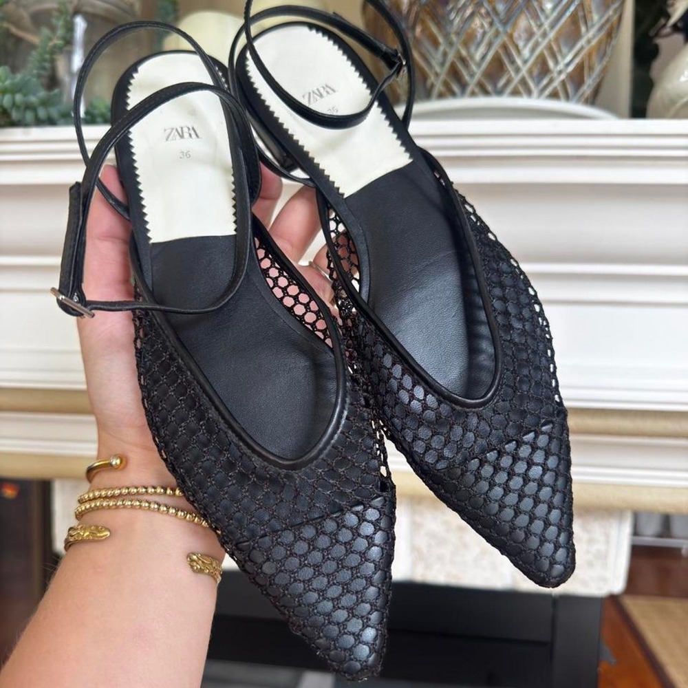 Zara black pointed toe sling back flats with netted mesh and solid toe size 36